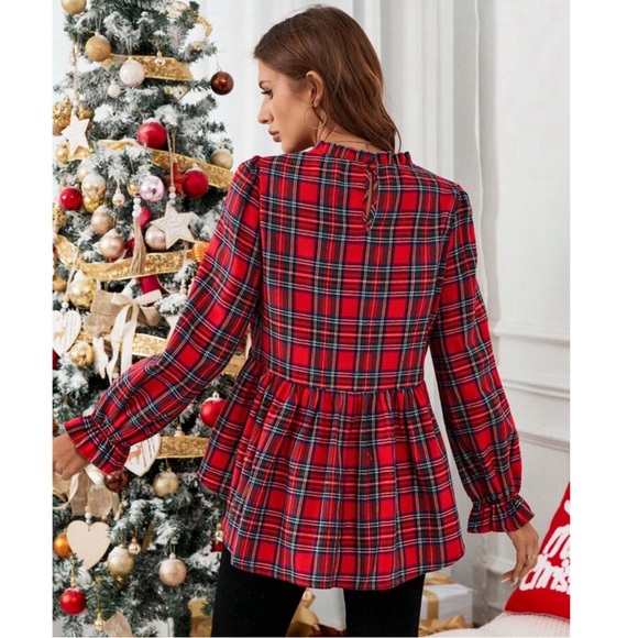Red Plaid Ruffle Hem Flare Sleeve Tartan Long Sleeve Peplum Top - Picture 3 of 5